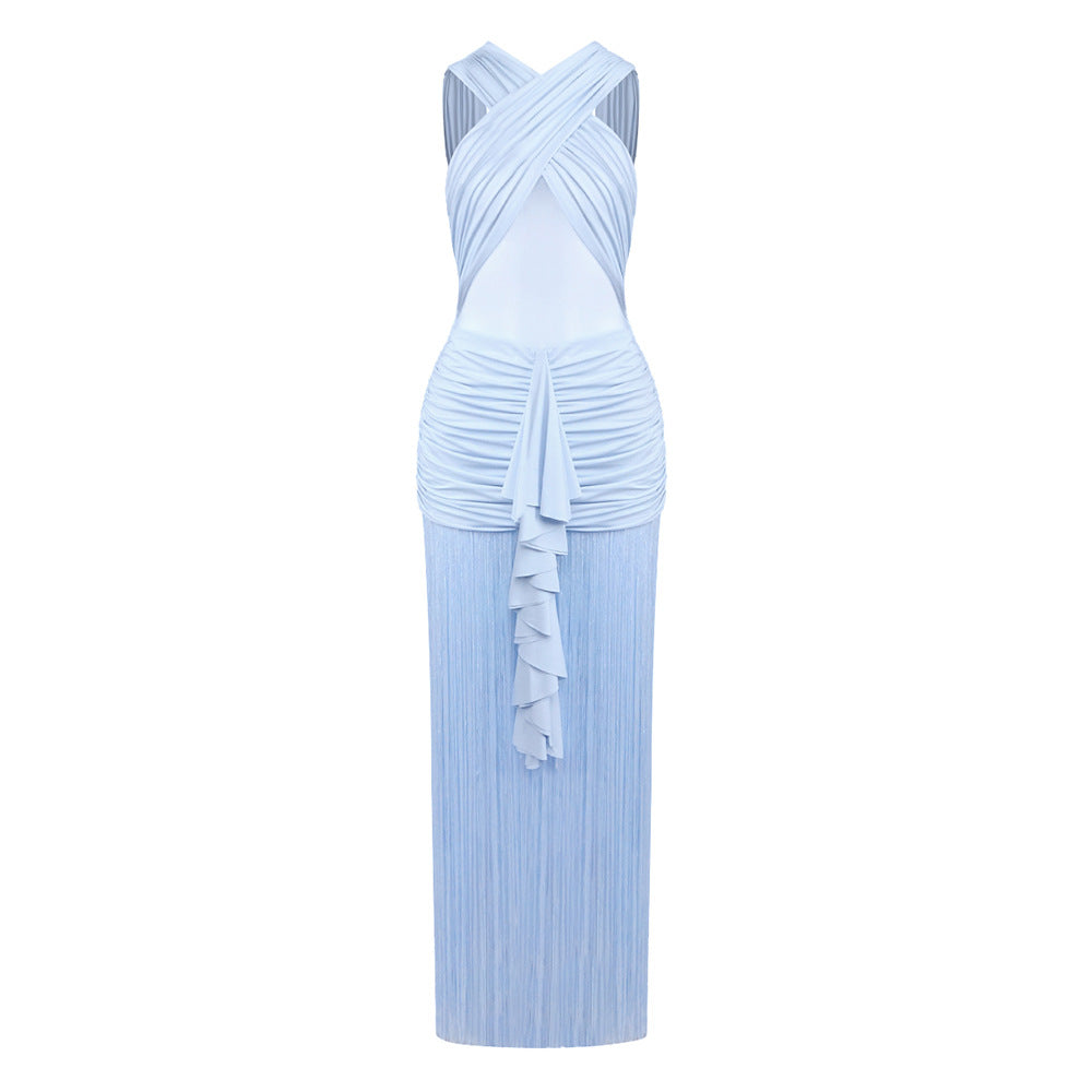 Bella Mia Women Clothing Sexy Solid Color Sling See through Mesh Pleats Cross Dress Vacation — lifestyle context