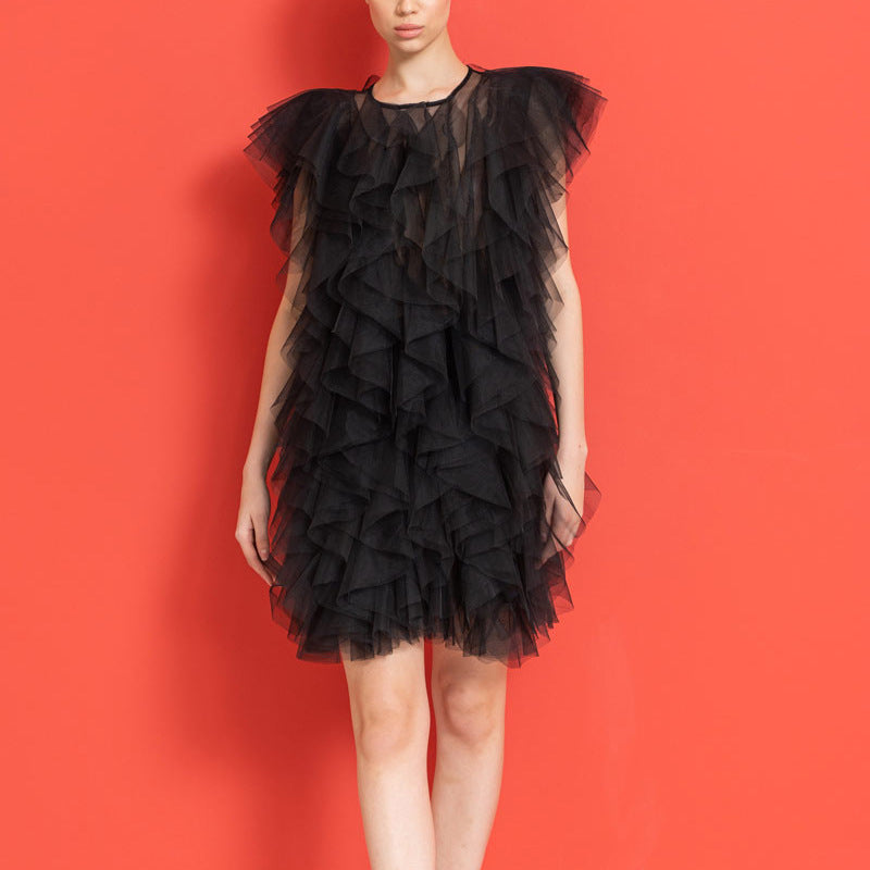 Bella Mia Irregular Asymmetric Ruffled Stitching See through Organza Sleeveless Sexy Dress Women — lifestyle context