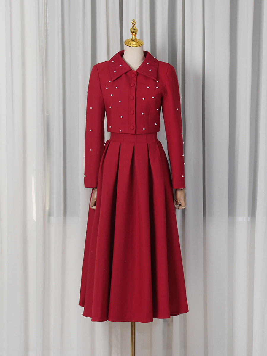 Bella Mia Spring Elegant Pleated Slim Maxi Dress Solid Color Beaded Collared Long Sleeve Two Piece Sets Women — branding close-up