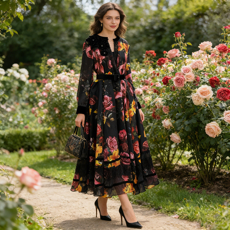 Bella Mia Spring High Grade Printed V neck Dress Tight Waist Slimming Flared Sleeves Stitching Lace Dress Women — detail and construction