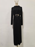 Bella Mia Fall Retro Metal Decorative Waist Slimming Half Turtleneck High Waist Maxi Dress for Women — detail and construction