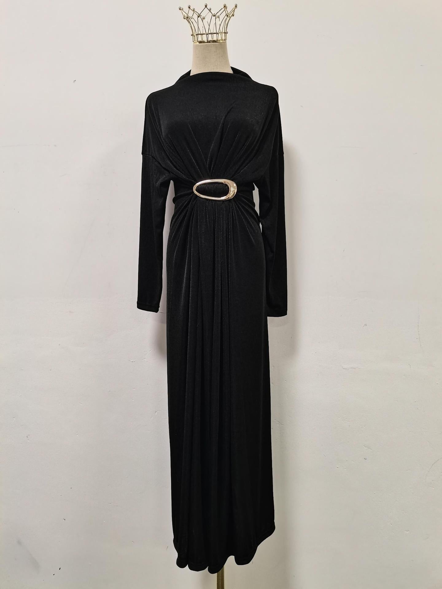 Bella Mia Fall Retro Metal Decorative Waist Slimming Half Turtleneck High Waist Maxi Dress for Women — detail and construction