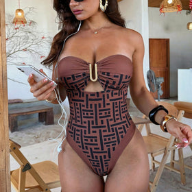 Swimsuit Women Sexy Print V neck Backless Strap Sexy Siamese Bikini Swimsuit