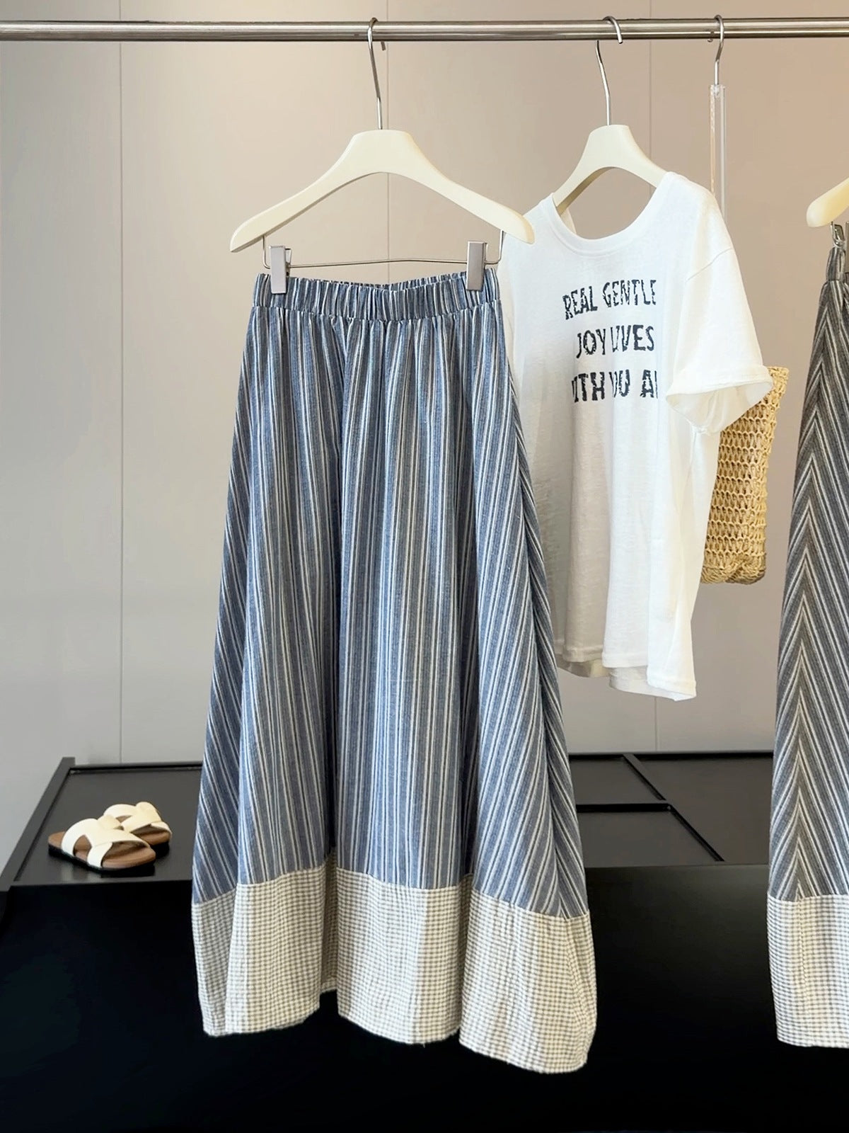 Retro Plaid Stitching Striped Skirt Women Summer High Waist Slimming Drape A line Umbrella Skirt