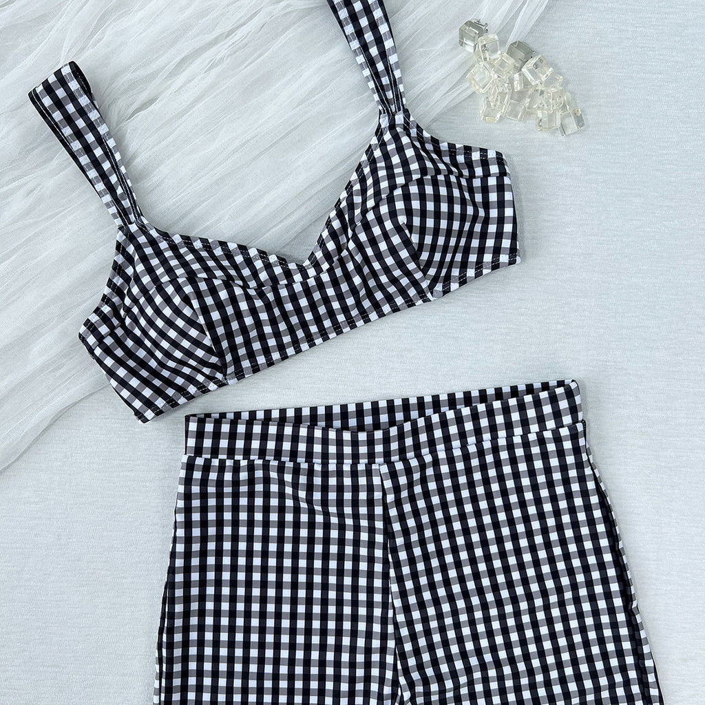 Ladies Split Plaid Printed Tied High Waist Shorts Bikini Swimsuit Bikini