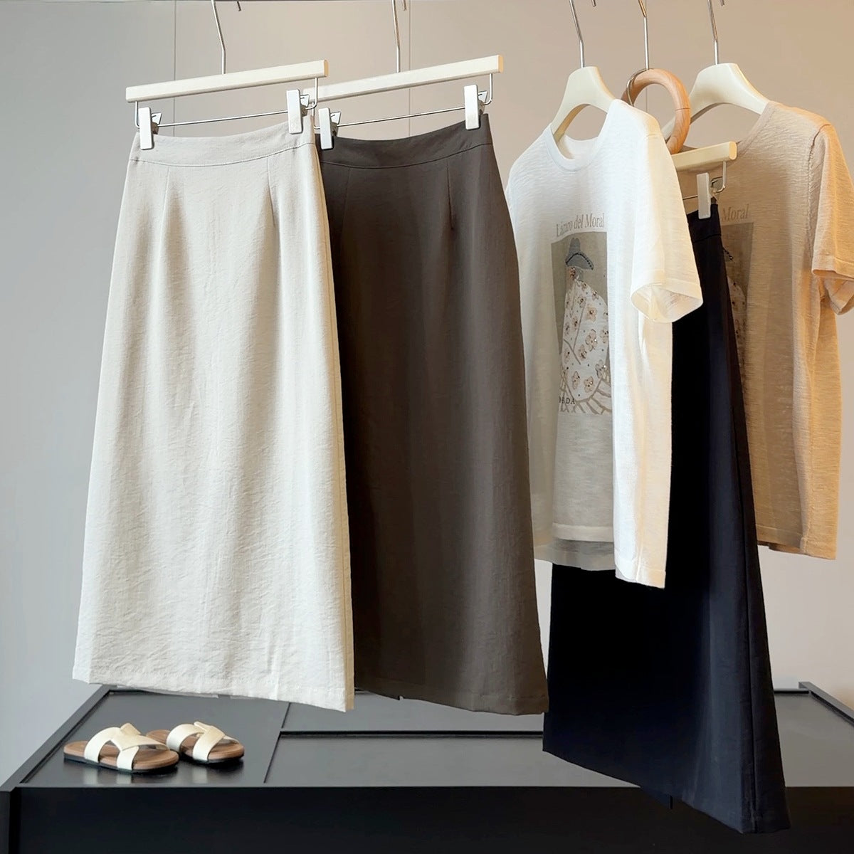 Simple Graceful Skirt Women Summer Slimming High Waist A line Split Sheath Mid Length Skirt