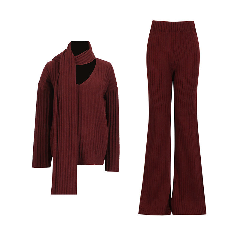 Bella Mia Women Autumn Winter High Grade Elegant Knitted Two Piece Scarf Design Loose Wide Leg Pants Set — detail and construction