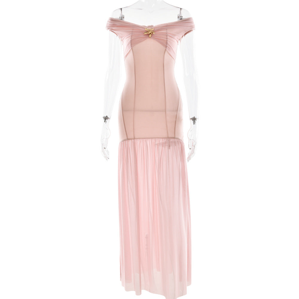 Elegant Tube Top Ladies Dress Sexy Mesh Stitching Backless Pleated Slim Fit Maxi Dress