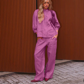 Stand up Collar 3/4 Sleeve Cardigan Shirt Loose Trousers Casual Two Piece Sets Shirt Women