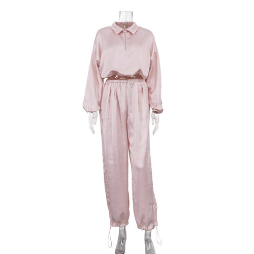Elegant Women Clothing High Grade Satin Casual Women Long Sleeve Collared Top Ankle Banded Pants Two Piece Sets
