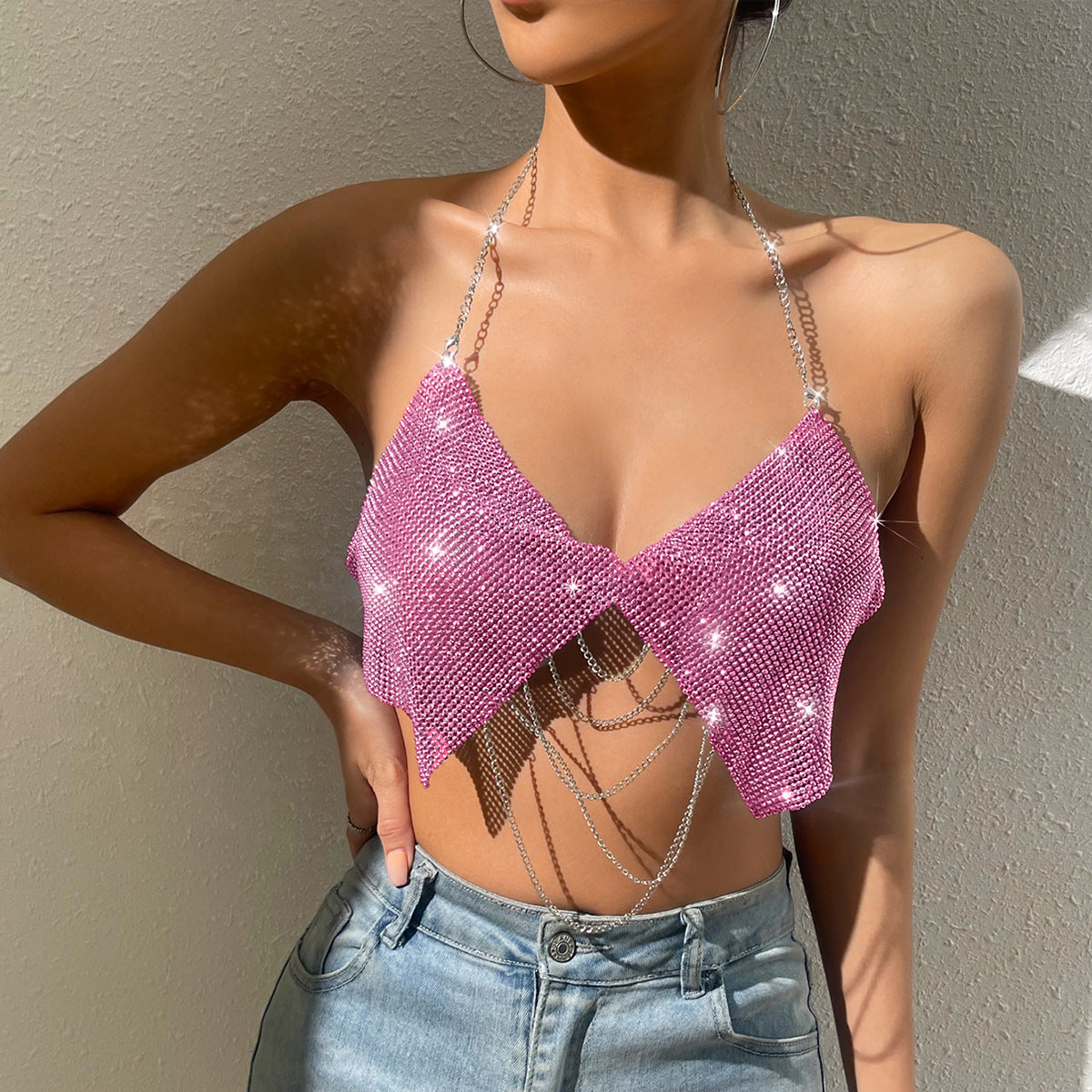 Sexy Rhinestone Strap Type Slim Fit Nightclub All Match Backless Corset Vest