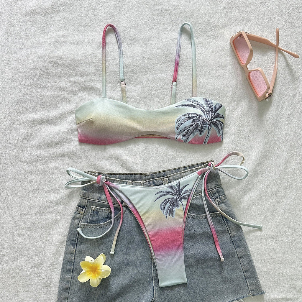 Gradient Light Coconut Tree Split Strap Swimwear Swimsuit Bikini