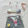 Gradient Light Coconut Tree Split Strap Swimwear Swimsuit Bikini