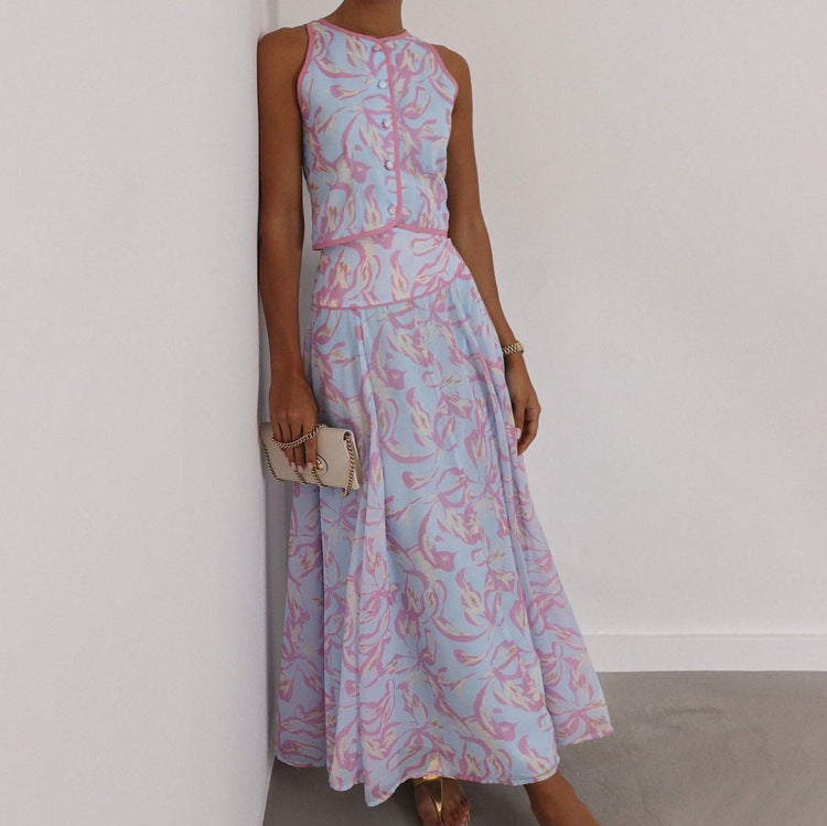 Summer Printed Skirt Set Women Arrival round Neck Sleeveless Cardigan Top Skirt Two Piece Set Commuting