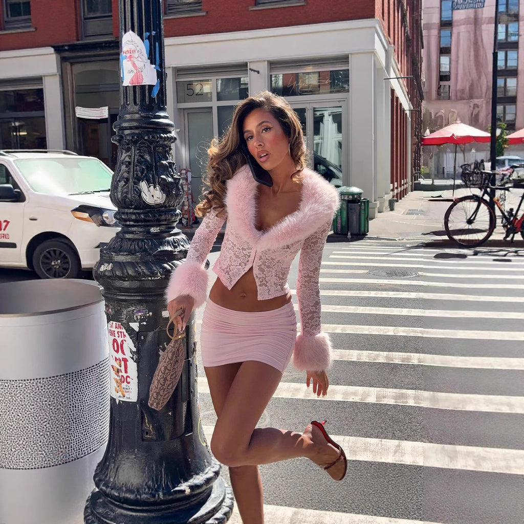 Bella Mia Women Clothing Autumn Winter Street Lace Plush Long Sleeved Top Sexy Skirt Set — main product shot
