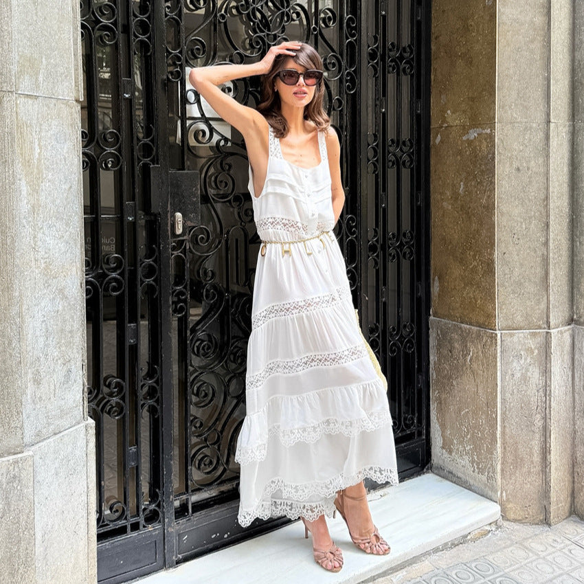 Bohemian White Long Lace Stitching Tiered Dress Women Summer Lazy Casual Suspenders Dress Without a belt