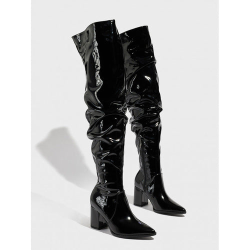 Pointed Toe Thick Heel Bright Leather Natural Wrinkle Side Zipper Comfortable Qualcomm Women Boots