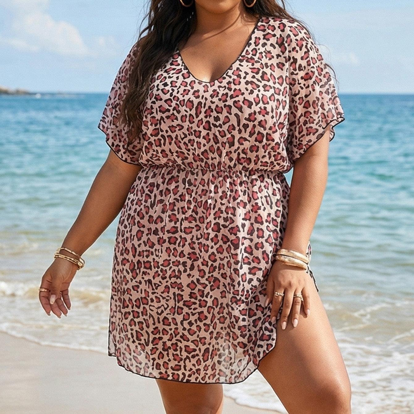Bella Mia Women Clothes Leopard Print Printed Waist Controlled Split Beach Dress Sexy Deep V Plunge Tulle Dress — main product shot
