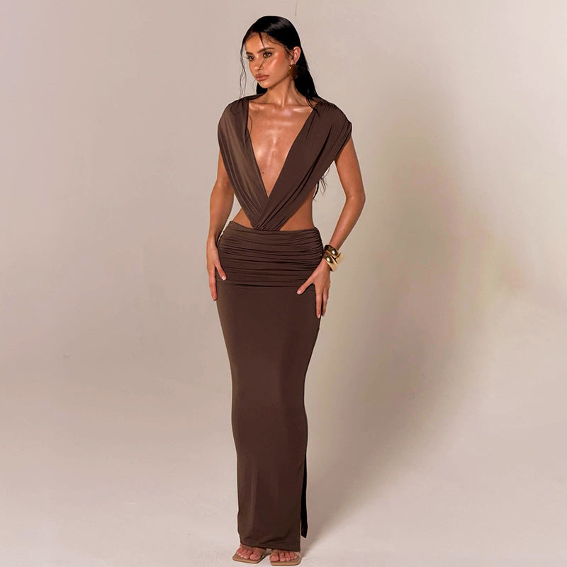 Women Clothing Summer Solid Color Casual Sleeveless Halter Backless Slim Fit Sheath Maxi Dress
