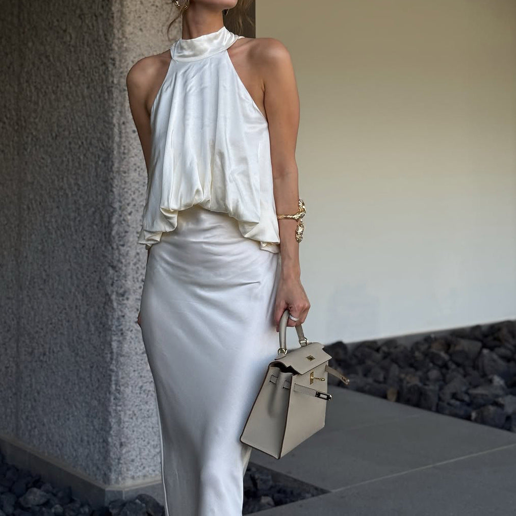 Satin Light Luxury Design Apricot Halter Lace up Backless Slim Fit Sleeveless Women Summer Dress
