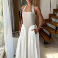 Casual Vacation Color Matching Halter Backless Large Swing Dress