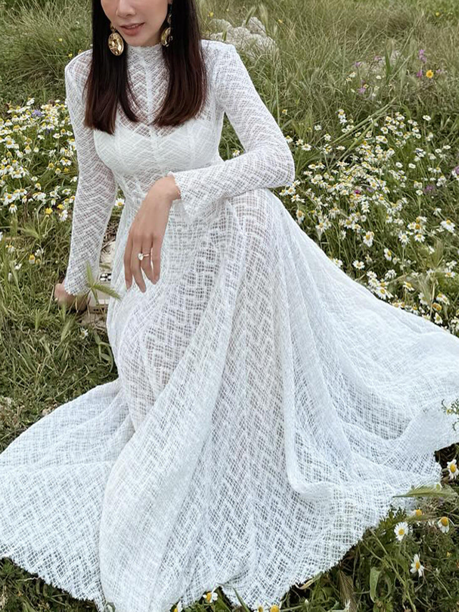 Bella Mia Autumn Winter Niche Design Beautiful Lace Slim Fit Slimming Wide Hem Maxi Dress Women — detail and construction