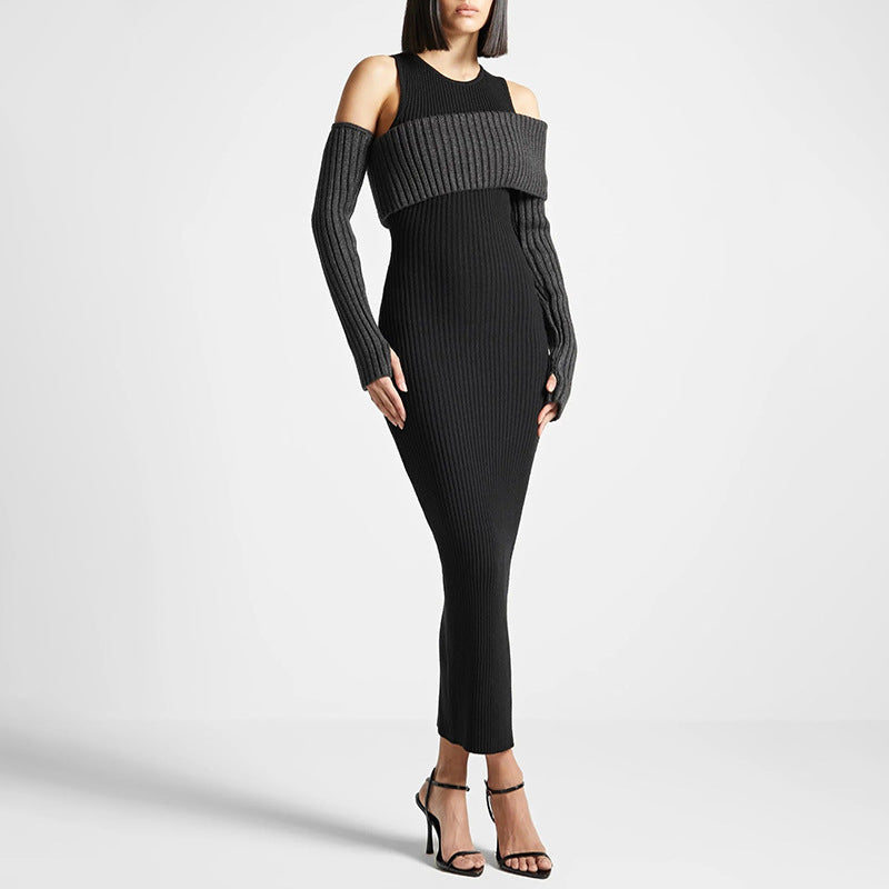 Bella Mia Autumn Elegant Slim Fit Slimming Patchwork Dress Socialite Knitted Dress for Women — branding close-up