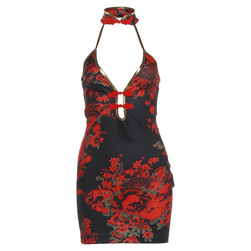 Women Clothing Summer Halter Cut Out Backless Neo Chinese Retro Printed Spicy Girl Sleeveless Dress