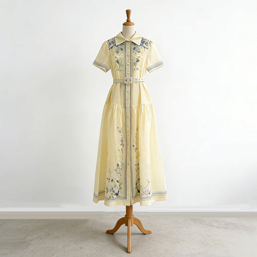 Royal Collared Single Breasted Maxi Dress Elegant Vintage Print Lace up Waist Dress Women