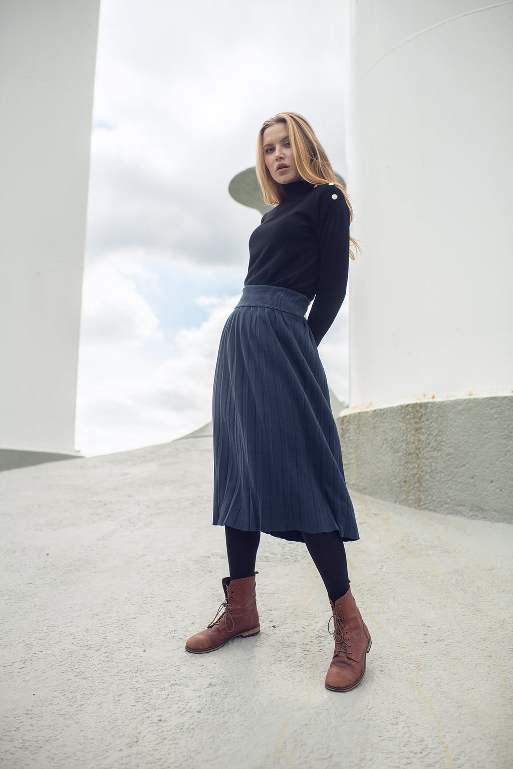 profile-nyc KNIT PLEATED SKIRT-SLATE BLUE — main product shot