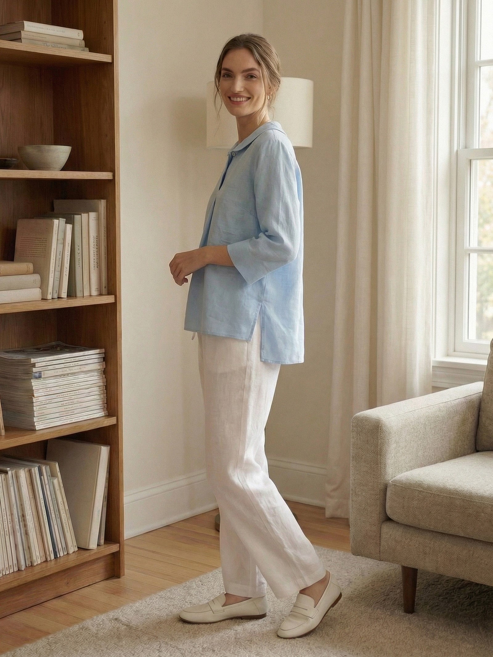 LINTICO 100% Linen Shawl V-Neck Half Sleeve Top JADE — tops-blouses-linen category context