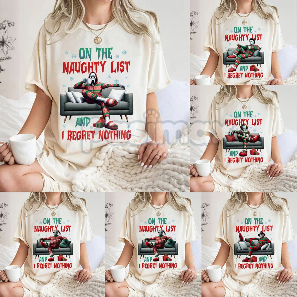 Pasimax "On The Naughty List And I Regret Nothing" Christmas Shirt — main product shot