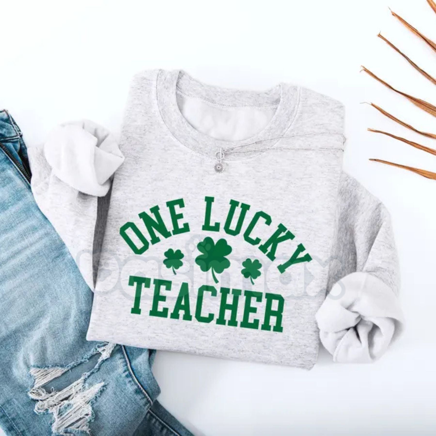 Pasimax One Lucky Teacher Adult Sweatshirt | Green Varsity Lettering St Patrick's Day Crewneck | Shamrock Accent Teacher Pull