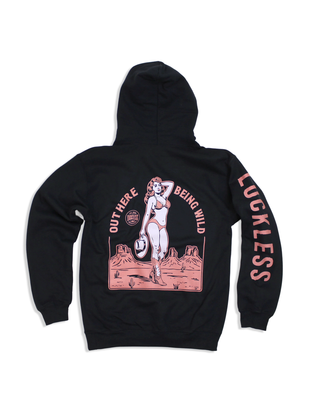 Luckless Outfitters Out Here Being Wild Hoodie in Dusty Coral — main product shot