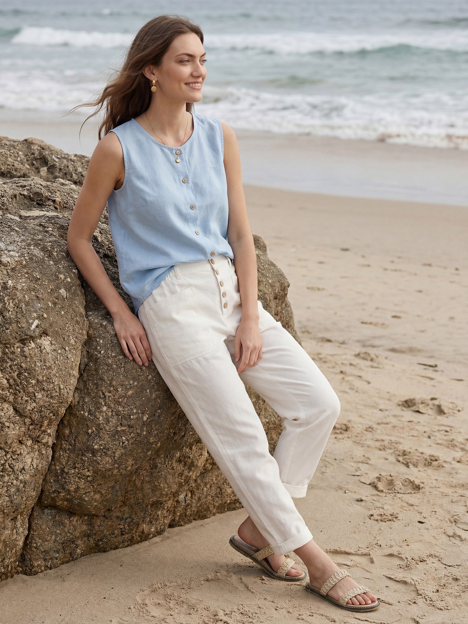 LINTICO Linen Simple Button Fly Trousers HEIDI — flat-lay composition