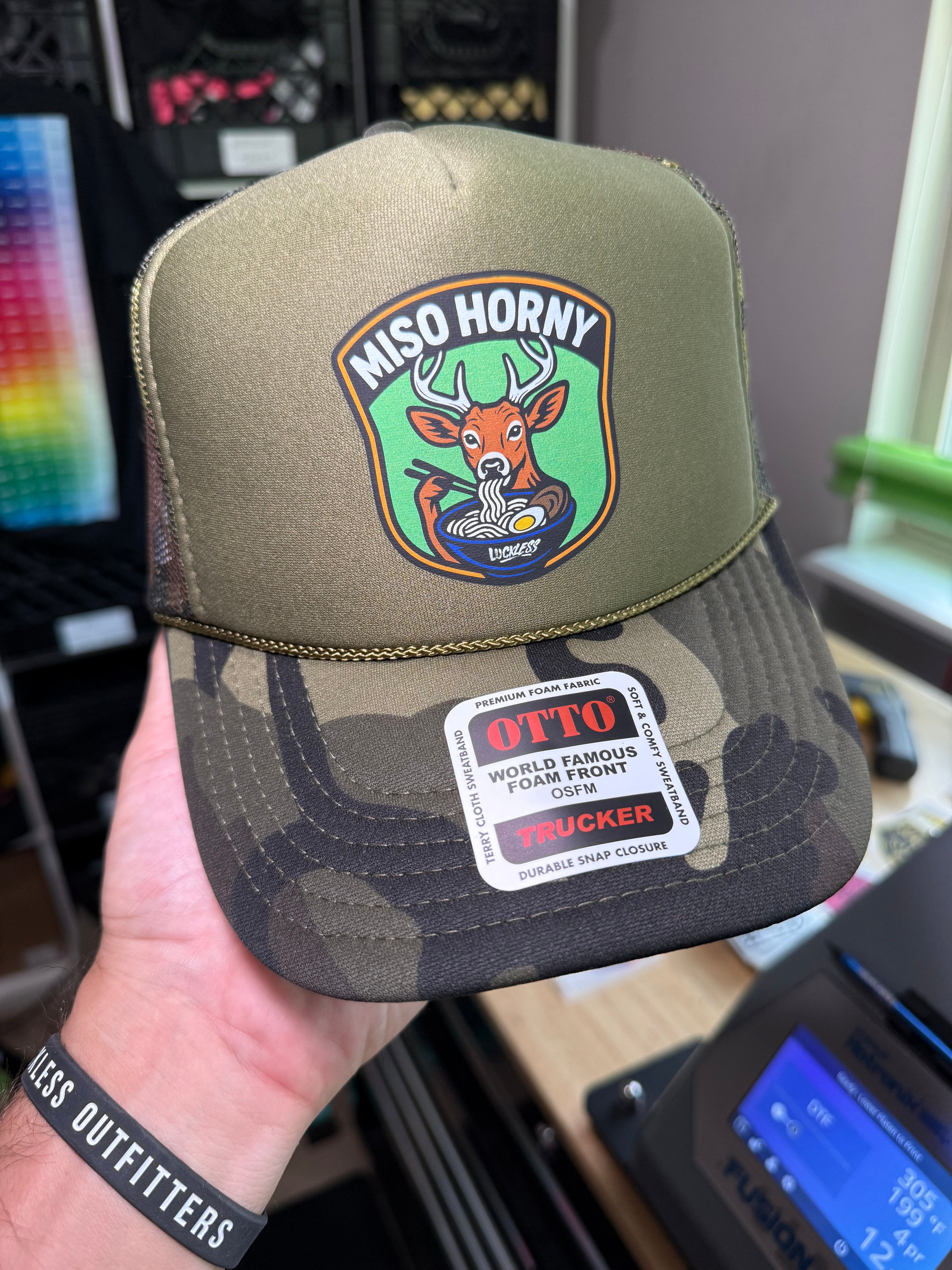 Luckless Outfitters Miso Horny Trucker Hat — lifestyle context