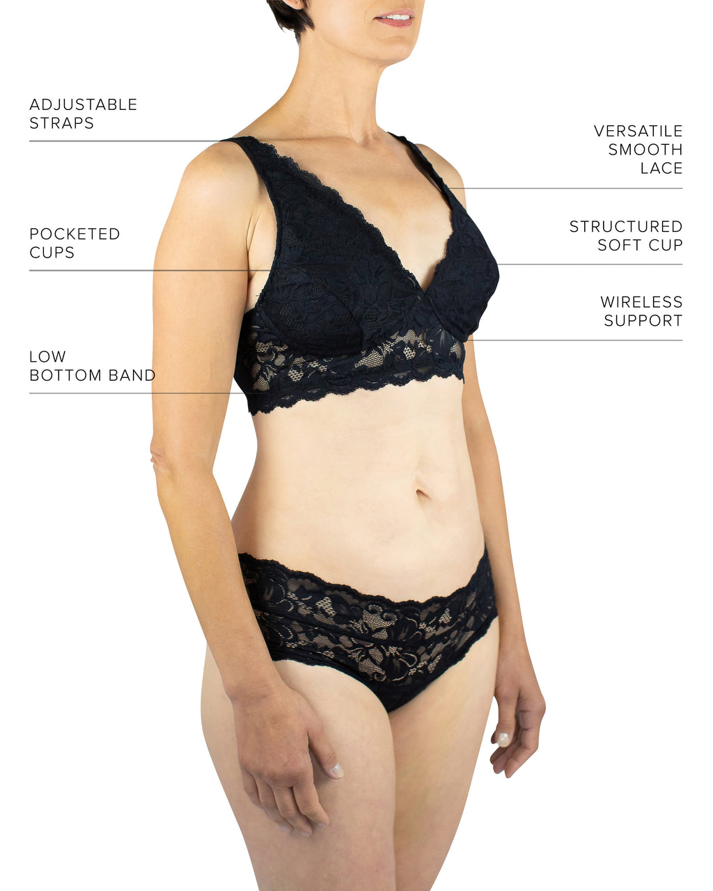 Everviolet Vela Wireless Bra, Black — in-use photo