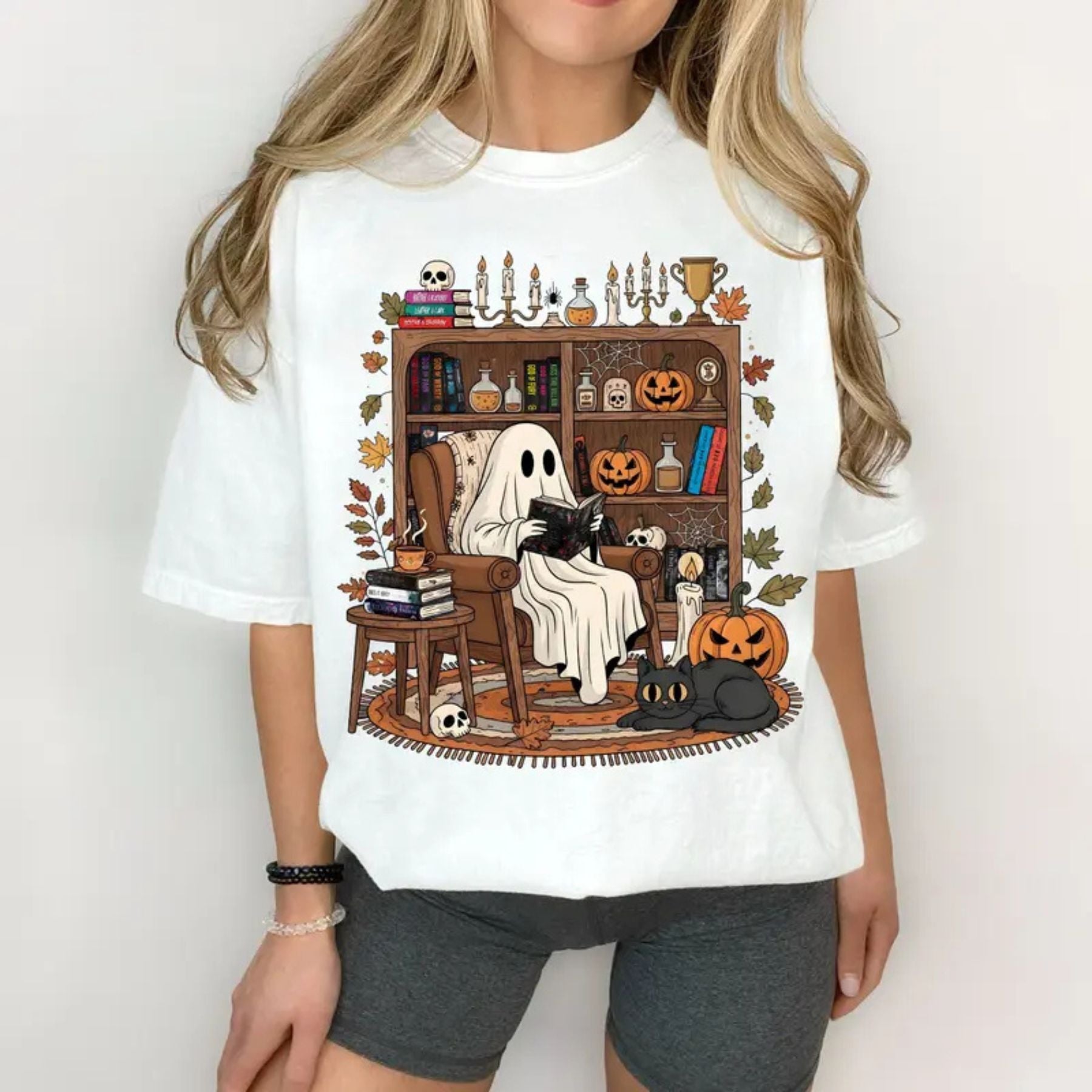 Pasimax Retro Cozy Ghost Reading Halloween T-Shirt — main product shot
