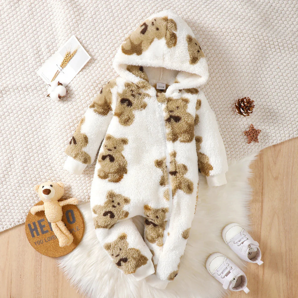 SORI STYLE Winter Baby Girl Plush Jumpsuit with Bear Print — main product shot