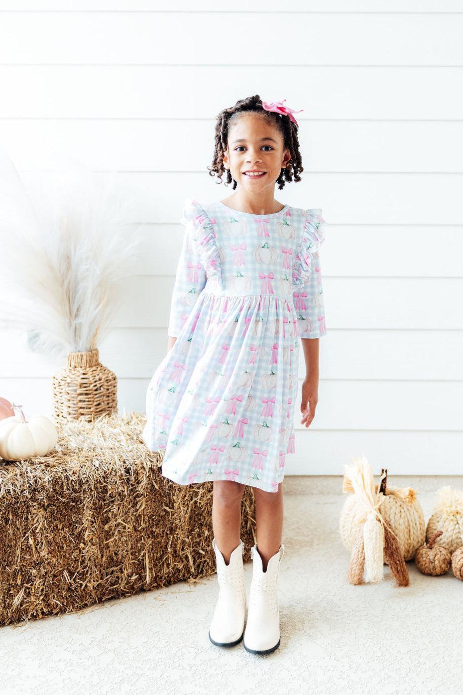 Mila & Rose ® SALE Pumpkin Picnic 3/4 Sleeve Ruffle Twirl Dress — main product shot