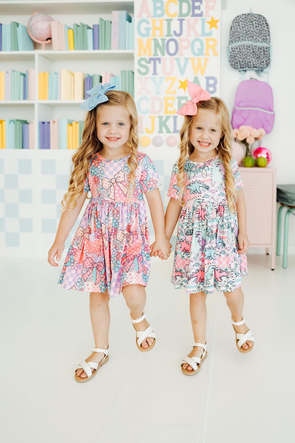 Mila & Rose ® SALE Quilted Dinos S/S Pocket Twirl Dress — detail close-up