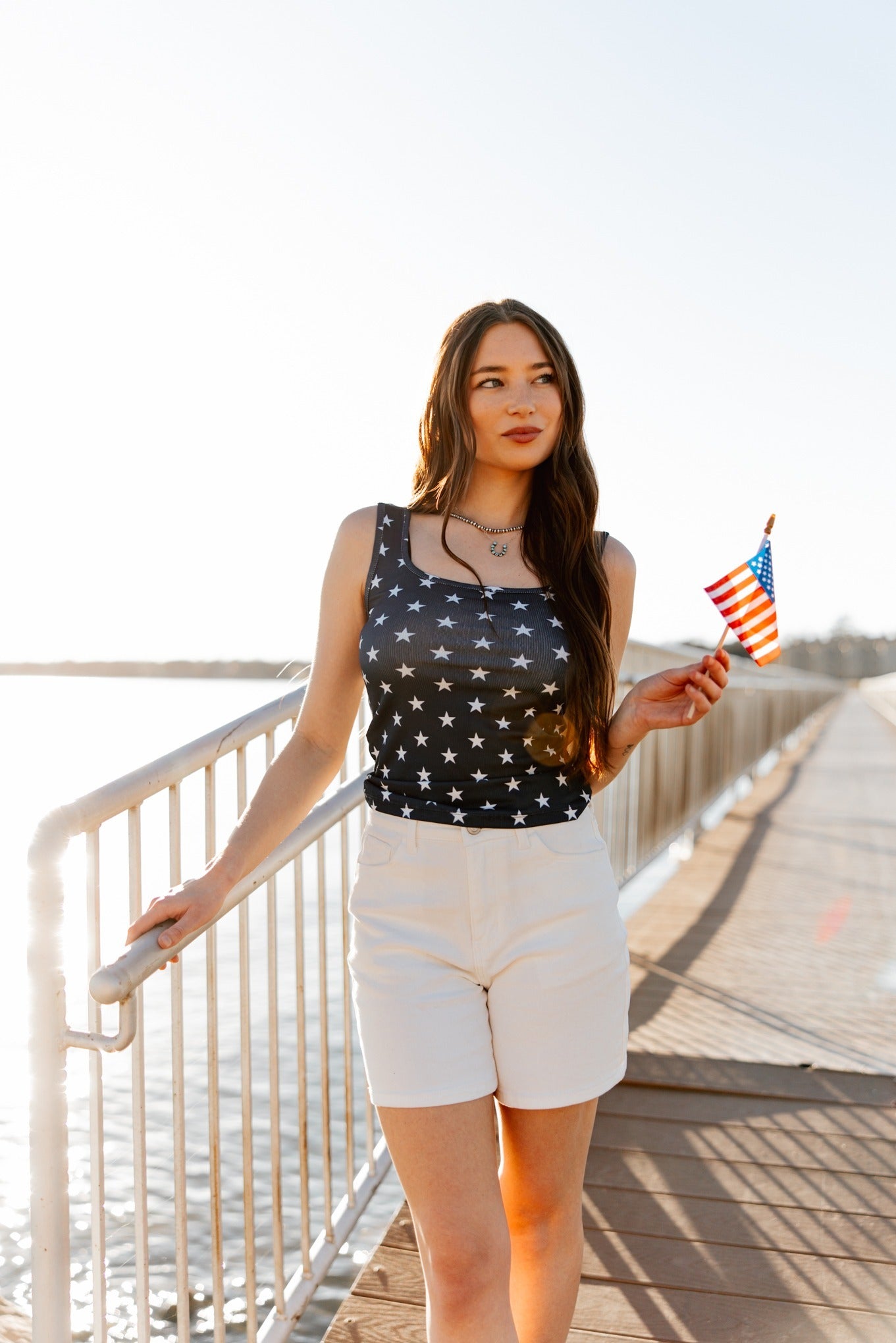 Grace+Emma Bella Square Neck Rib Knit Tank Top, Navy Stars — main product shot