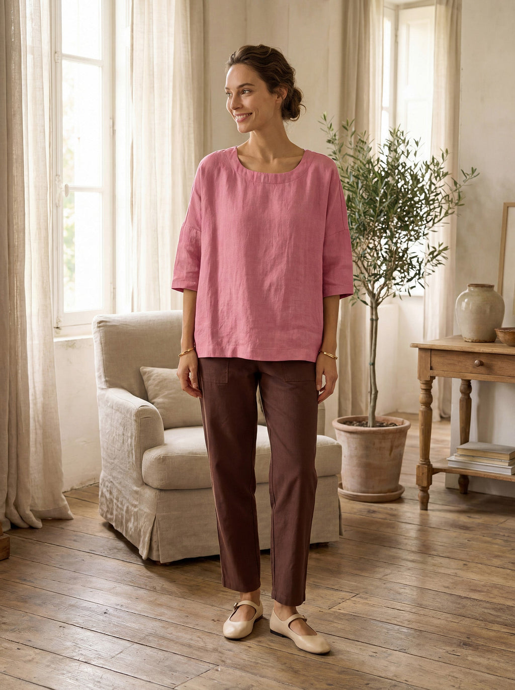 LINTICO Linen Simple Button Fly Trousers HEIDI — bottoms-pants-linen blend category context
