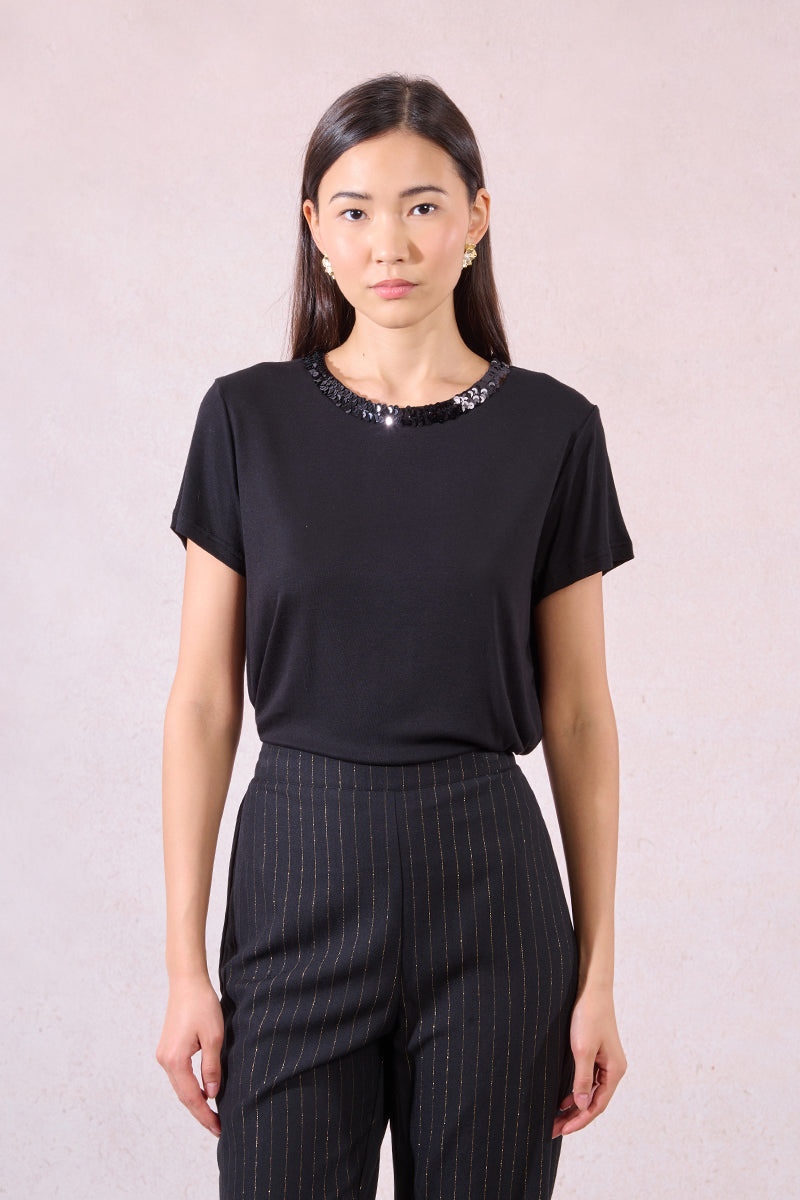 KADOU BOUTIQUE Sequin Collar Short Sleeve Top — main product shot