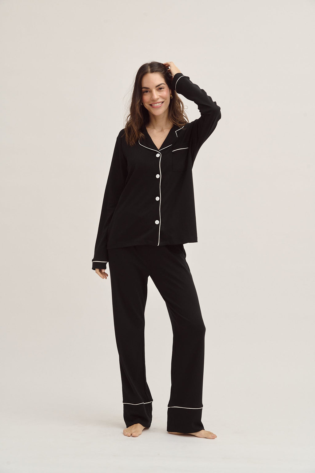 Simoné Sleepwear USA Pima Cotton Pajama Set - Forever Black — product on model