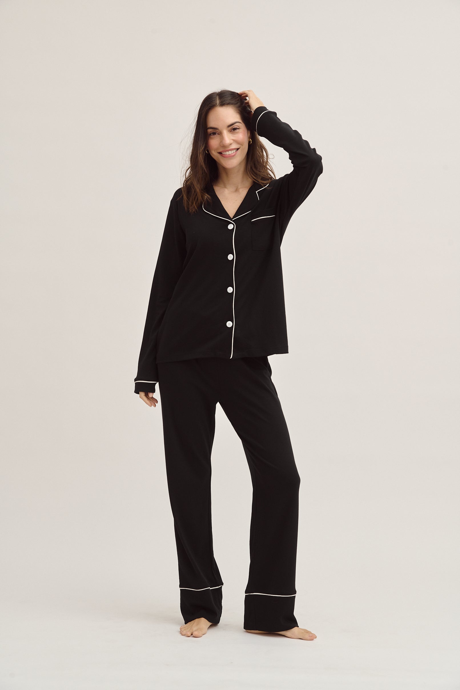 Simoné Sleepwear USA Pima Cotton Pajama Set - Forever Black — product on model