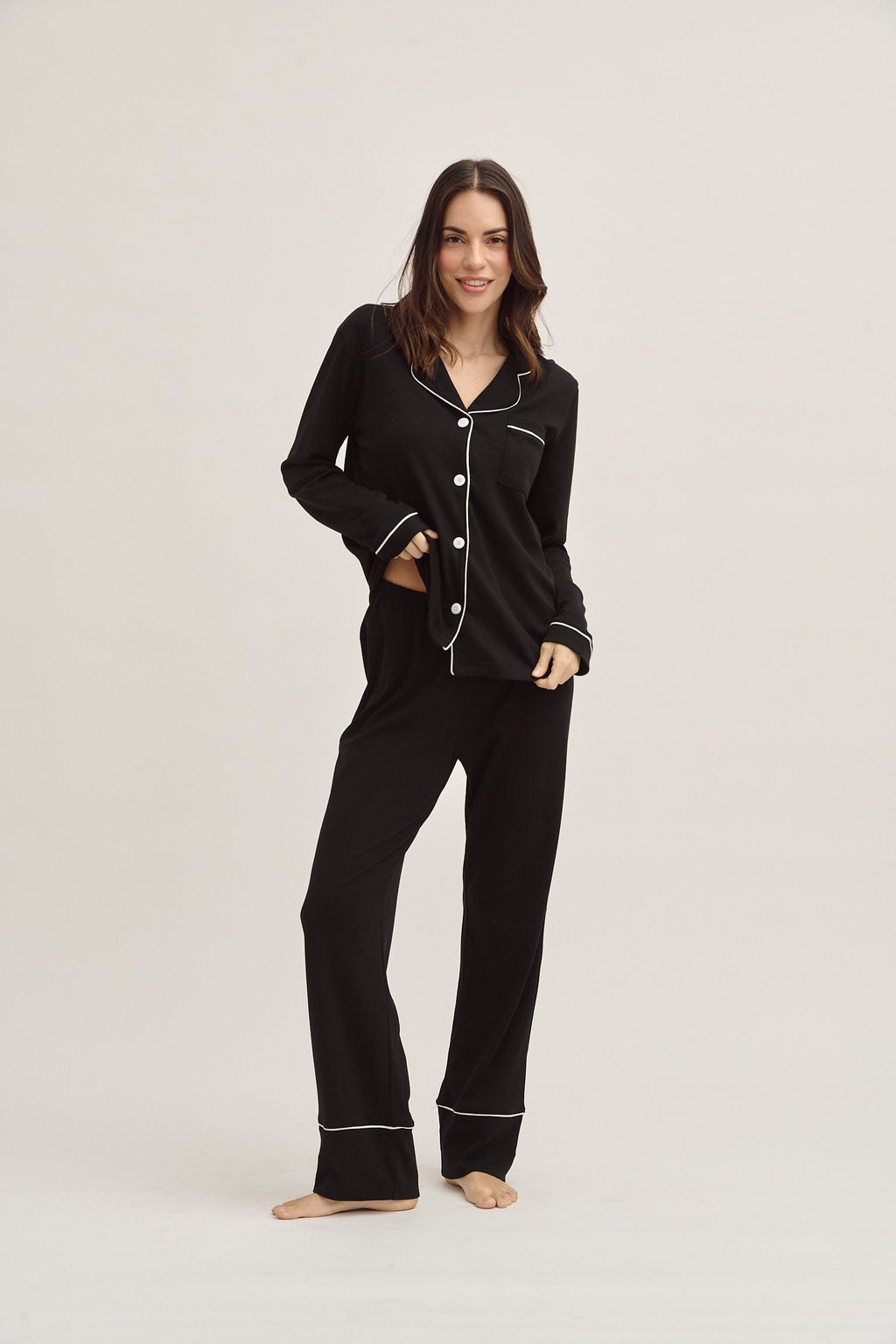 Simoné Sleepwear USA Pima Cotton Pajama Set - Forever Black — detail close-up