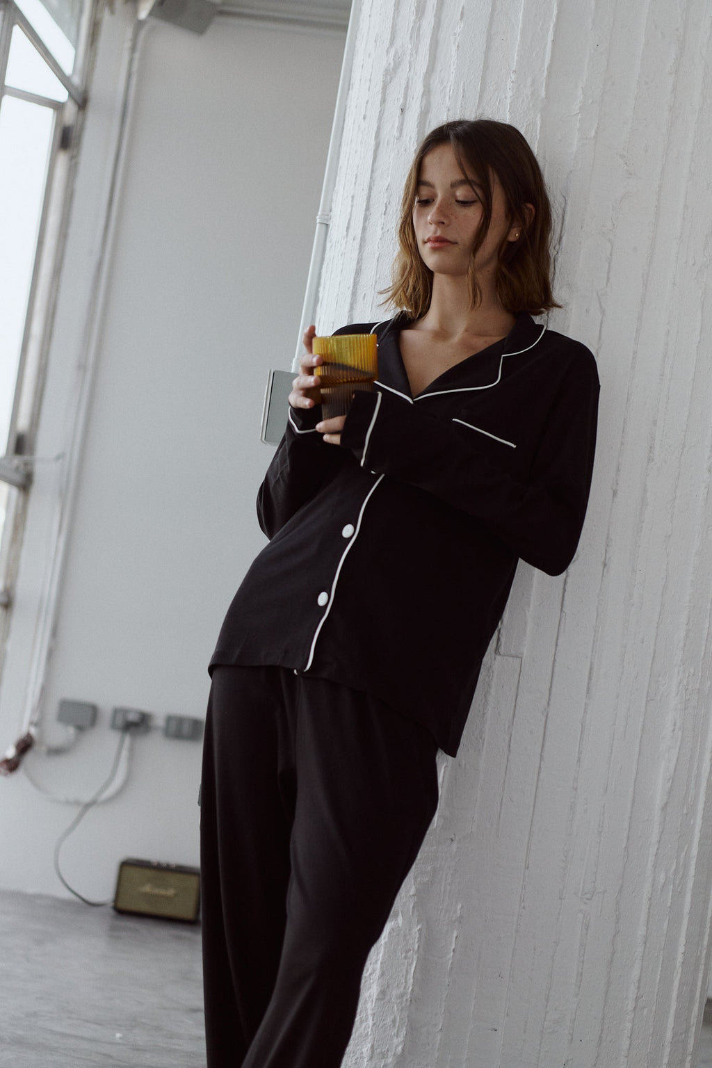Simoné Sleepwear USA Pima Cotton Pajama Set - Forever Black — in-use photo