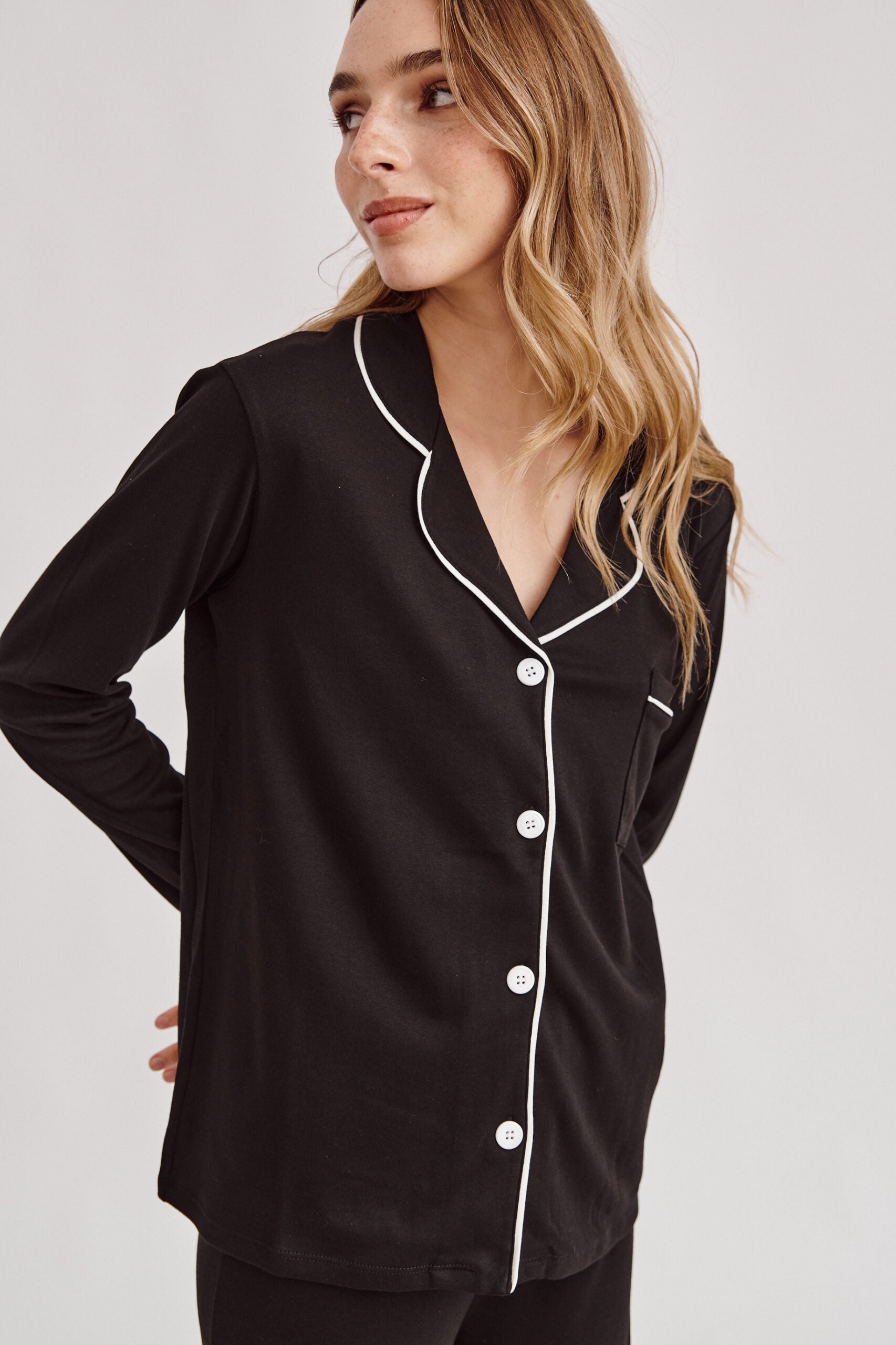 Simoné Sleepwear USA Pima Cotton Pajama Set - Forever Black — color detail