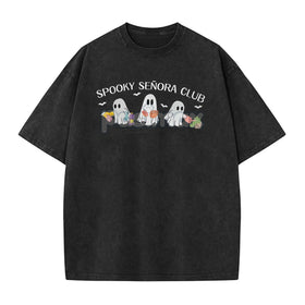 "Spooky Señora Club" Vintage Acid Wash T-Shirt – Unisex Graphic Shirt, Retro Vibe